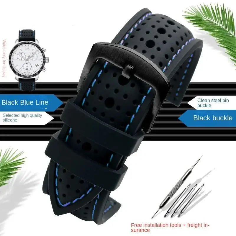 Suunto Perforated Silicone Band with Stitching - Black / Blue Stitching / Black Buckle
