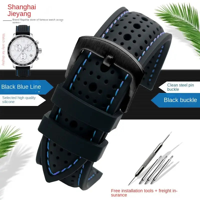 Amazfit Perforated Silicone Band with Contrast Stitching — Black / Blue Stitching / Black Buckle