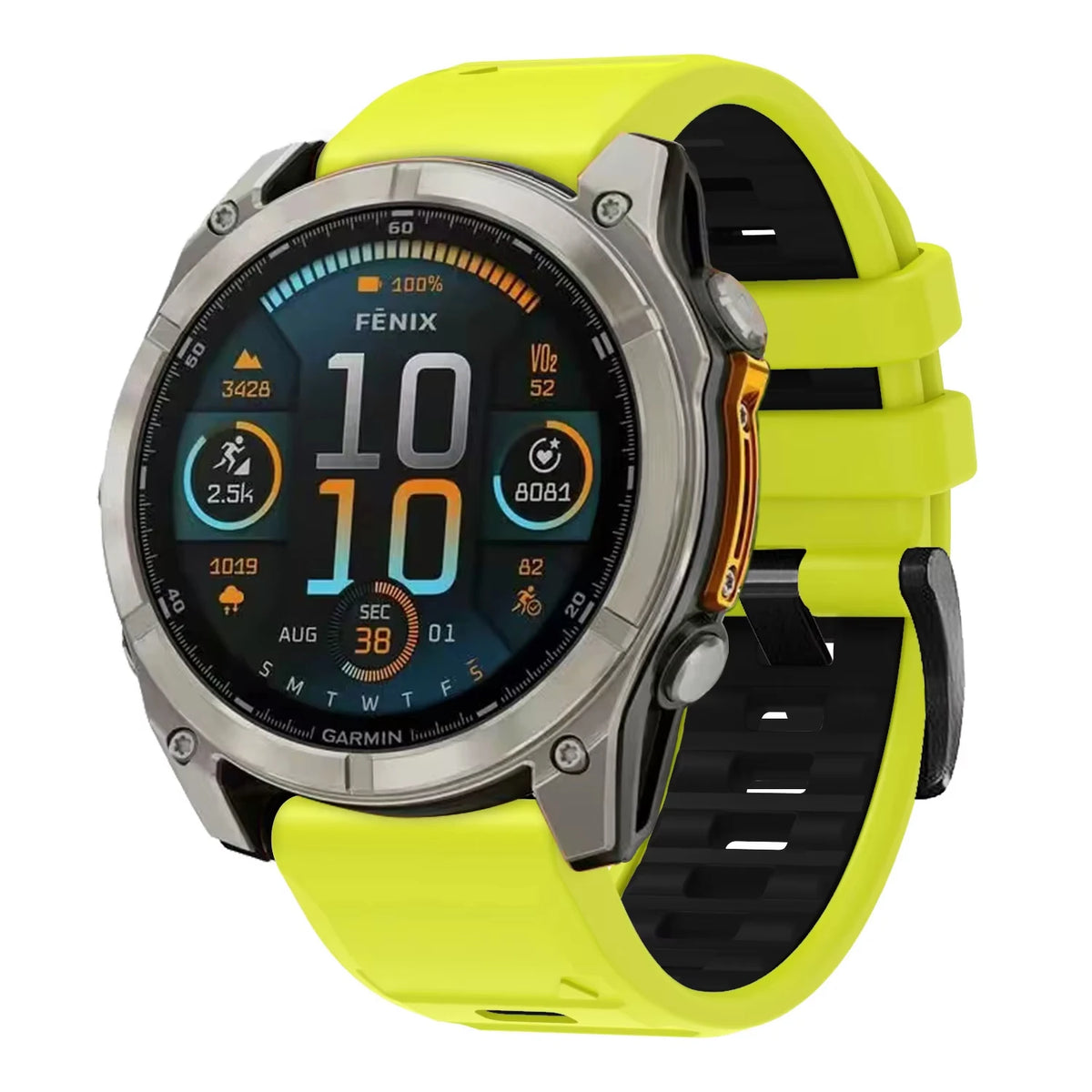 Garmin QuickFit Two-Tone Silicone Buckle Band lime and gray band shown on a watch
