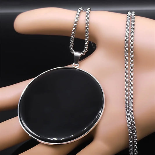 Large Obsidian Pendant Necklace, Stainless Steel Box Chain