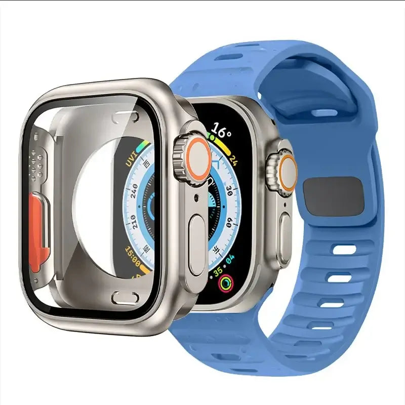 Sky Blue slotted silicone Apple Watch band with coordinating case