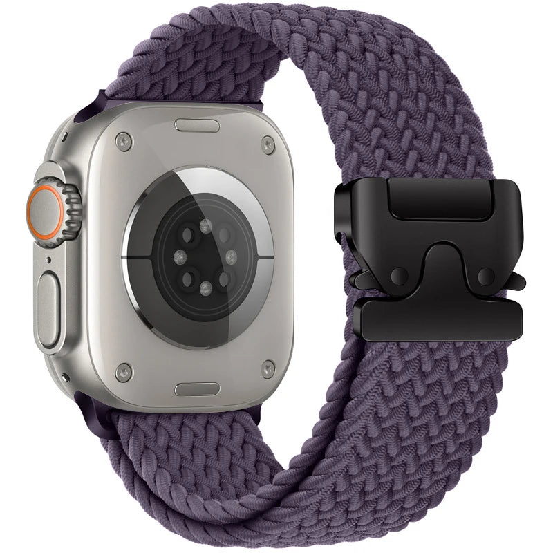Apple Watch with braided nylon parachute strap in purple, offering comfort and durability for everyday wear.