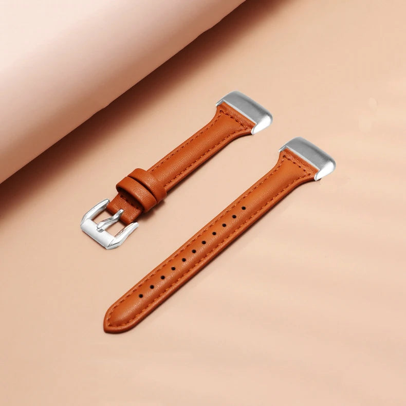 Fitbit Charge 5 Slim Leather Band in brown, comfortable strap for smartwatch, stylish replacement band.