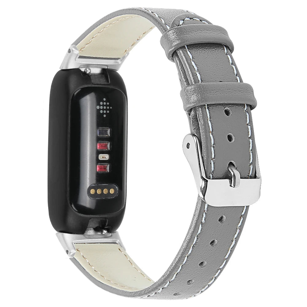 Fitbit Inspire 3 smartwatch band with leather strap, stylish and breathable, featuring a secure metal clasp.