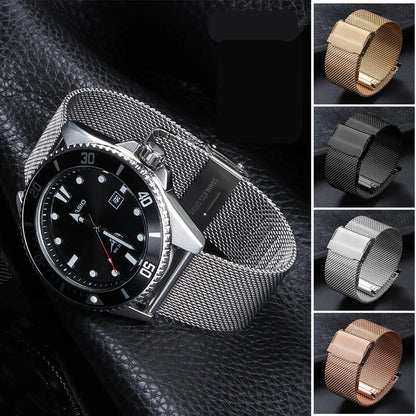 Milanese Mesh Sliding Clasp Band on a dive watch with color options