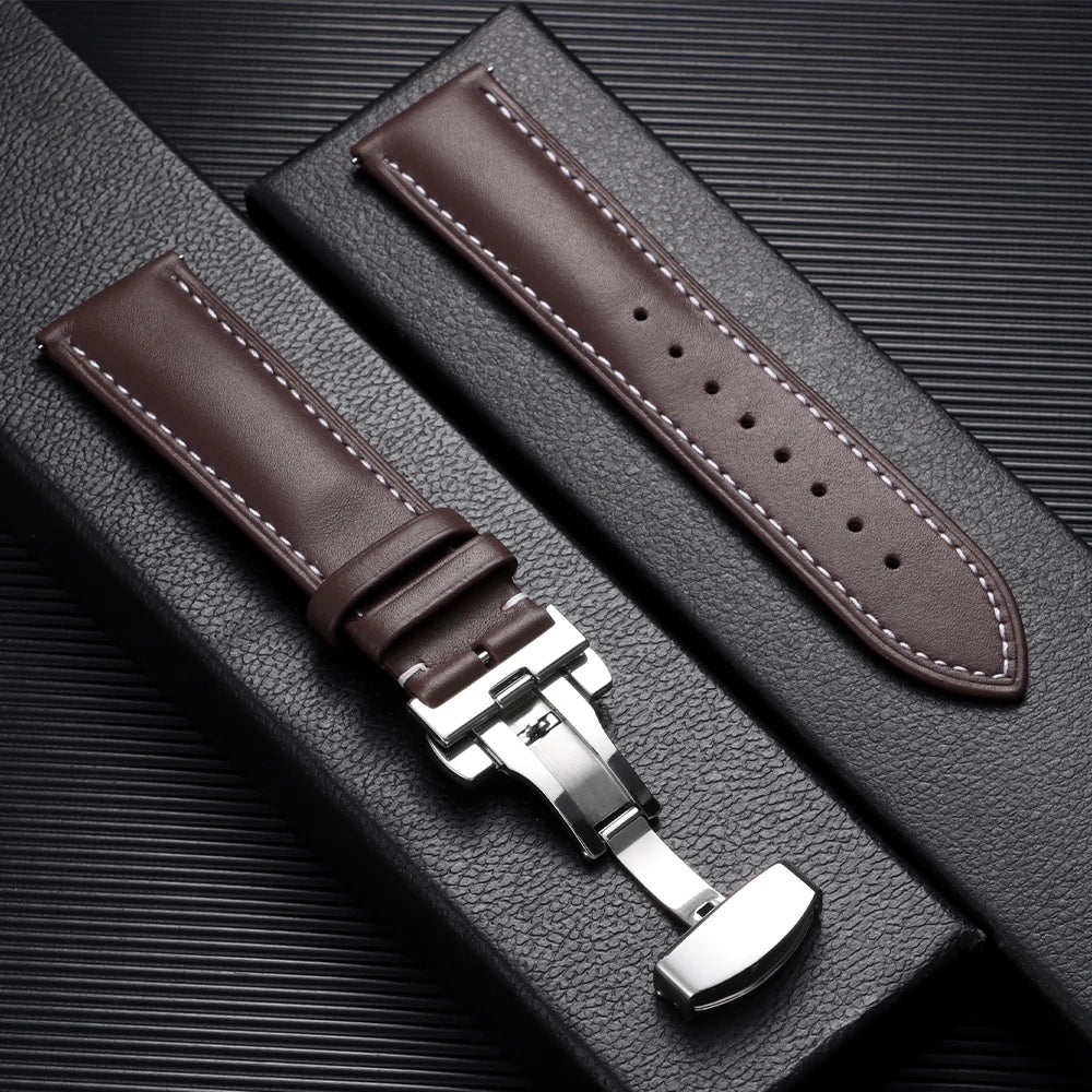 Leather Butterfly Clasp Band in Dark Brown, White Stitching