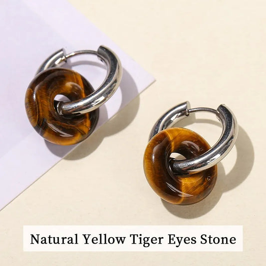 Tiger's eye donut hoop earrings, stainless steel