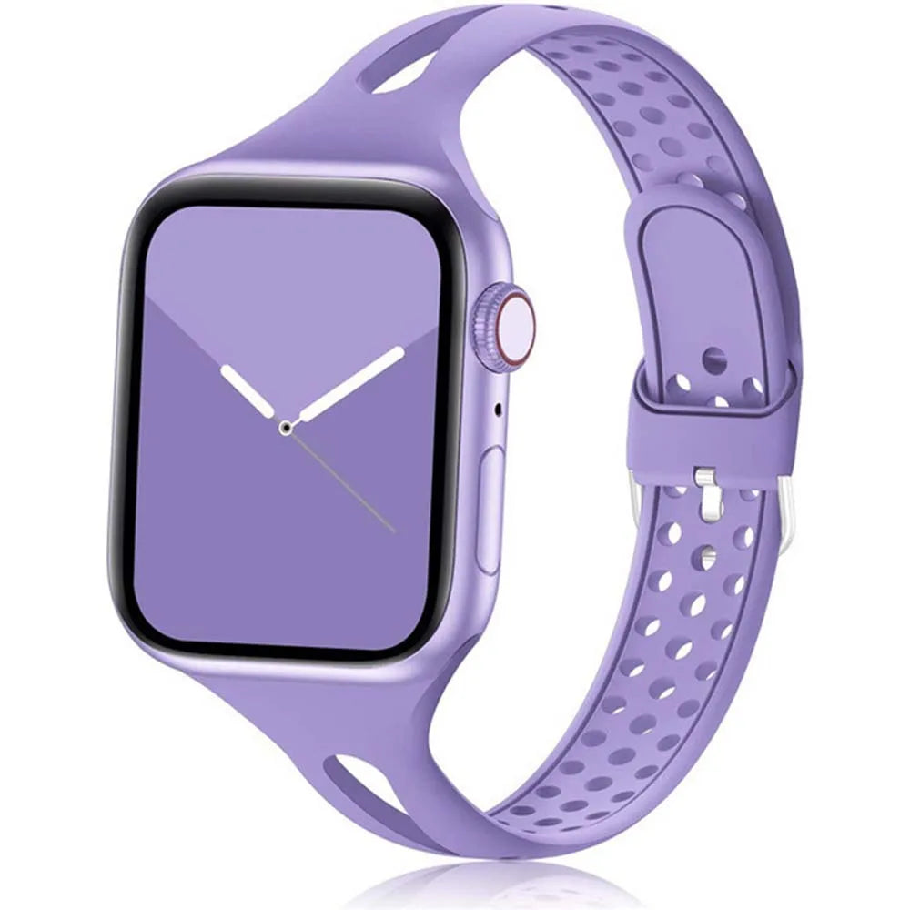 Apple Watch with a soft purple silicone strap, designed for comfort and breathability for everyday wear.