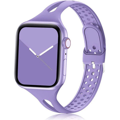 Apple Watch with a soft purple silicone strap, designed for comfort and breathability for everyday wear.