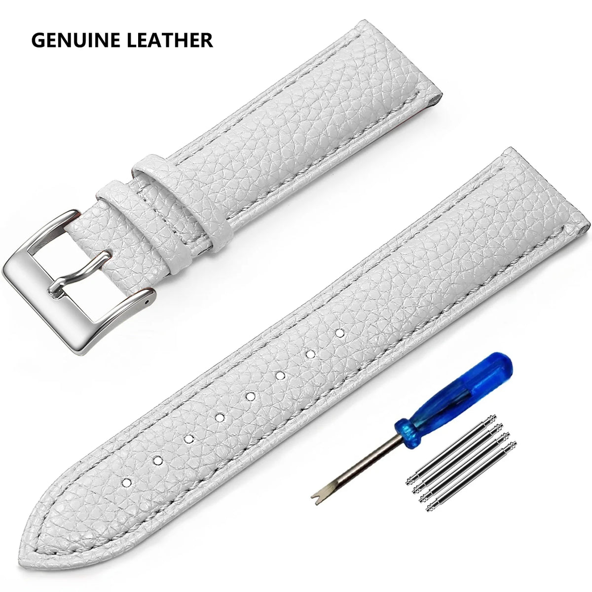 Grained Leather Band in White with Silver Buckle