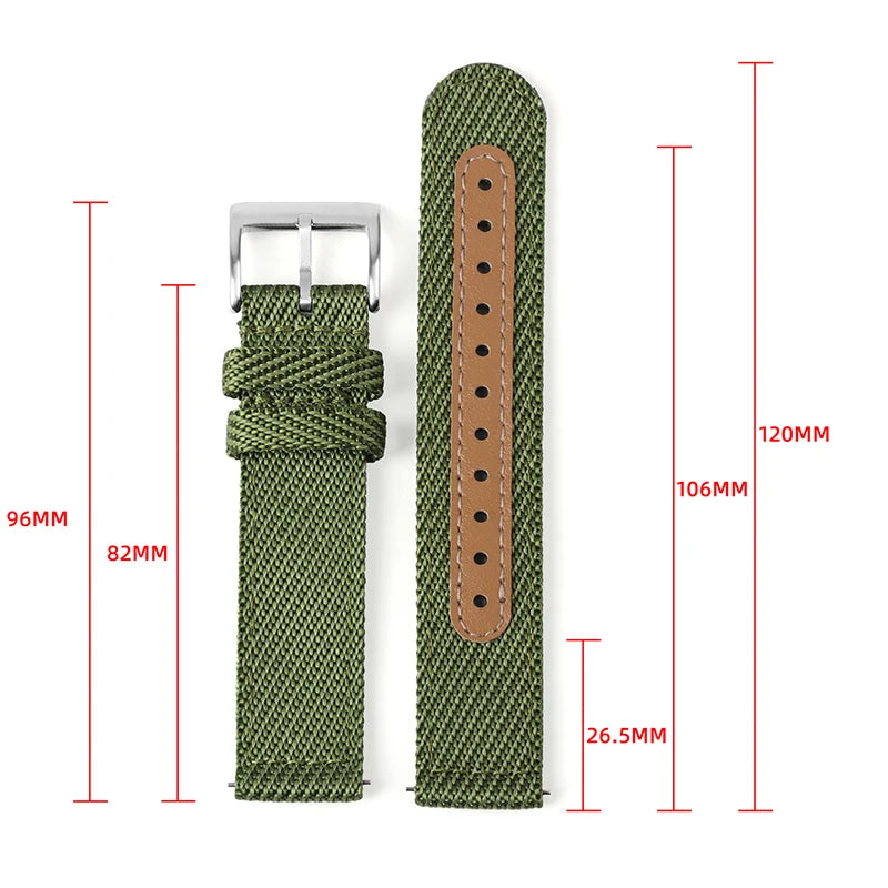 Garmin sport nylon strap in green with dimensions for a comfortable smartwatch replacement band.
