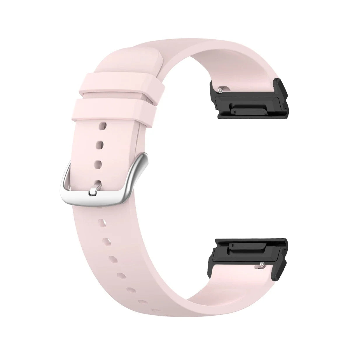 Garmin silicone smartwatch band in soft pink with quickfit connectors for secure attachment and flexibility.
