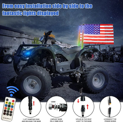 3 ft RGB LED Whip Light for Golf Carts with Remote and Flag