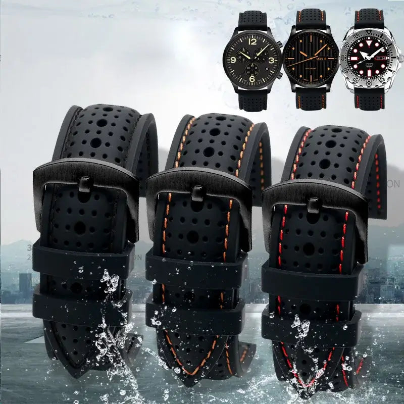 Perforated black silicone bands with colored stitches