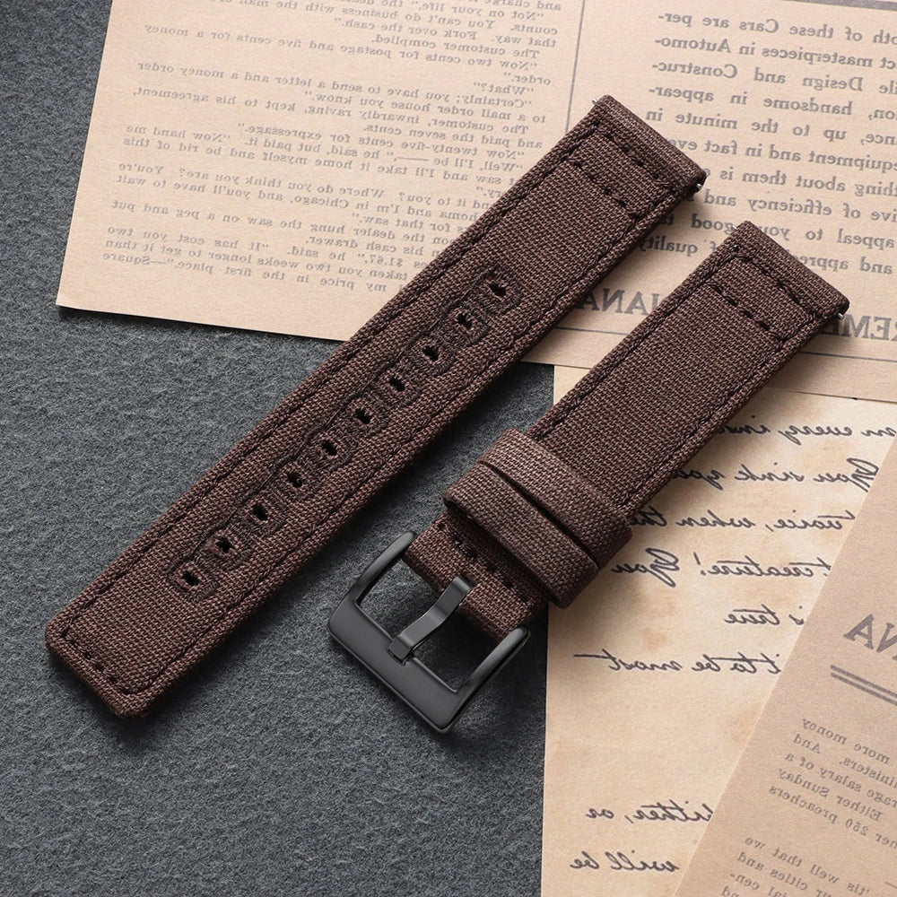 Stitched Canvas Nylon Band in Brown with Black Buckle