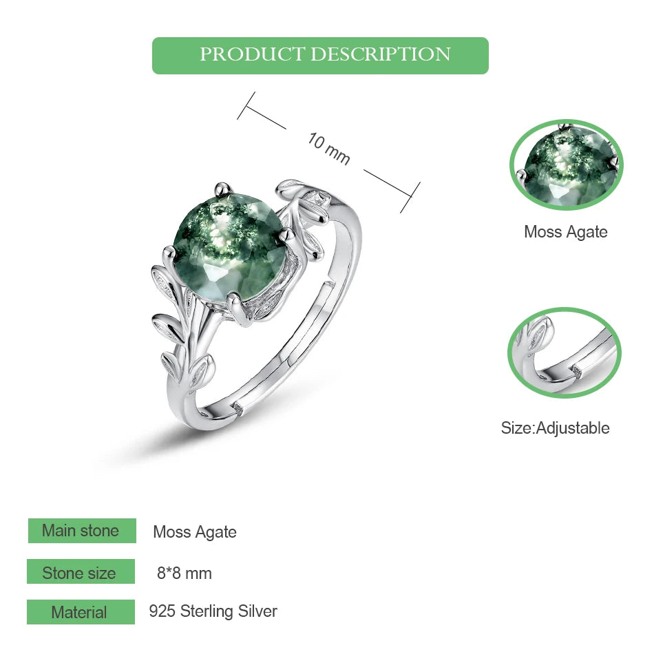 Moss Agate Square Leaf Ring, 925 Sterling Silver - view 10