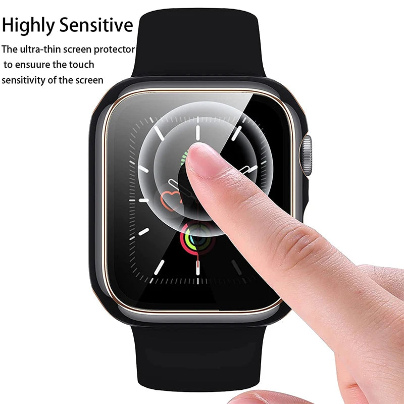 User touching an Apple Watch with a highly sensitive screen protector for optimal touch responsiveness.