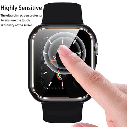 User touching an Apple Watch with a highly sensitive screen protector for optimal touch responsiveness.