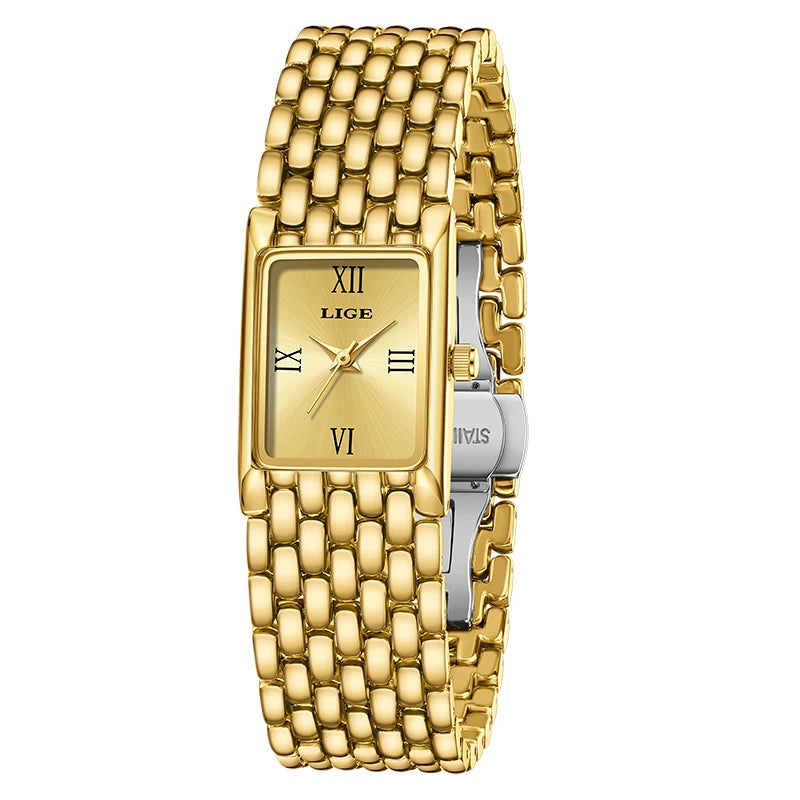 Women's Rectangular Roman Dial Bracelet Watch — Gold Tone / Gold Dial — BandsCo Straps