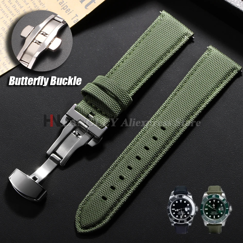 Motorola Moto Sailcloth Nylon Watch Band with Butterfly Clasp — Olive green strap and butterfly clasp