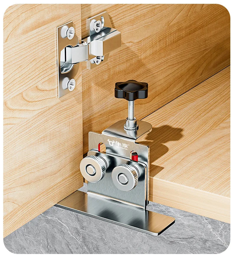 Cabinet door mounting jig clamped under a cabinet door