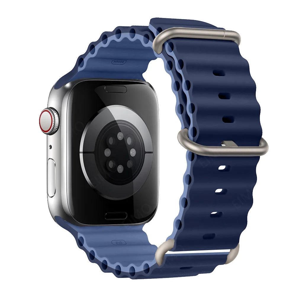 Apple Watch with blue silicone strap, waterproof and breathable design for active lifestyles.