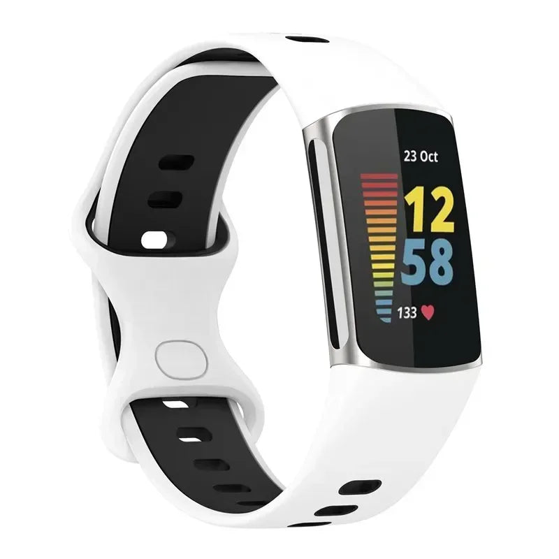 Fitbit Charge 5/6 Two-Tone Silicone Pin Band - White and black band front view