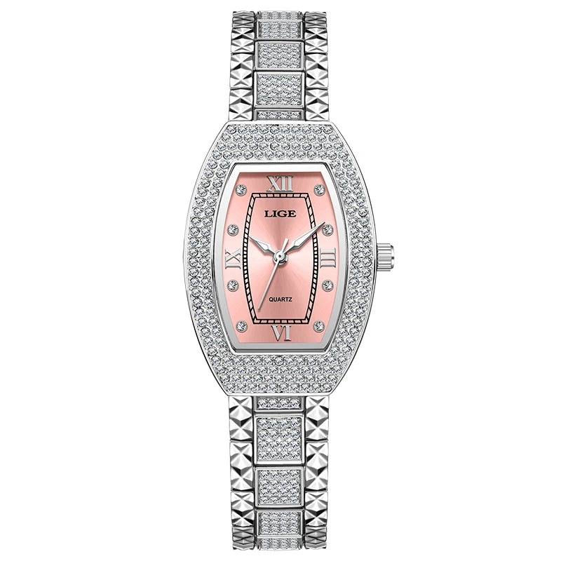 Women's Crystal Tonneau Quartz Bracelet Watch — Silver Tone / Pink Dial
