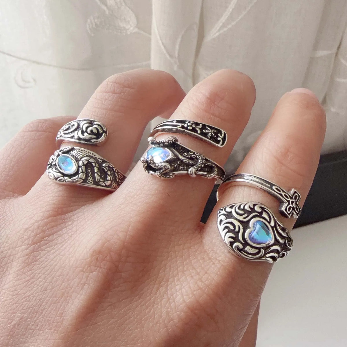 Vintage Simulated Moonstone Wrap Ring, Adjustable, 925 Sterling Silver, photo 3