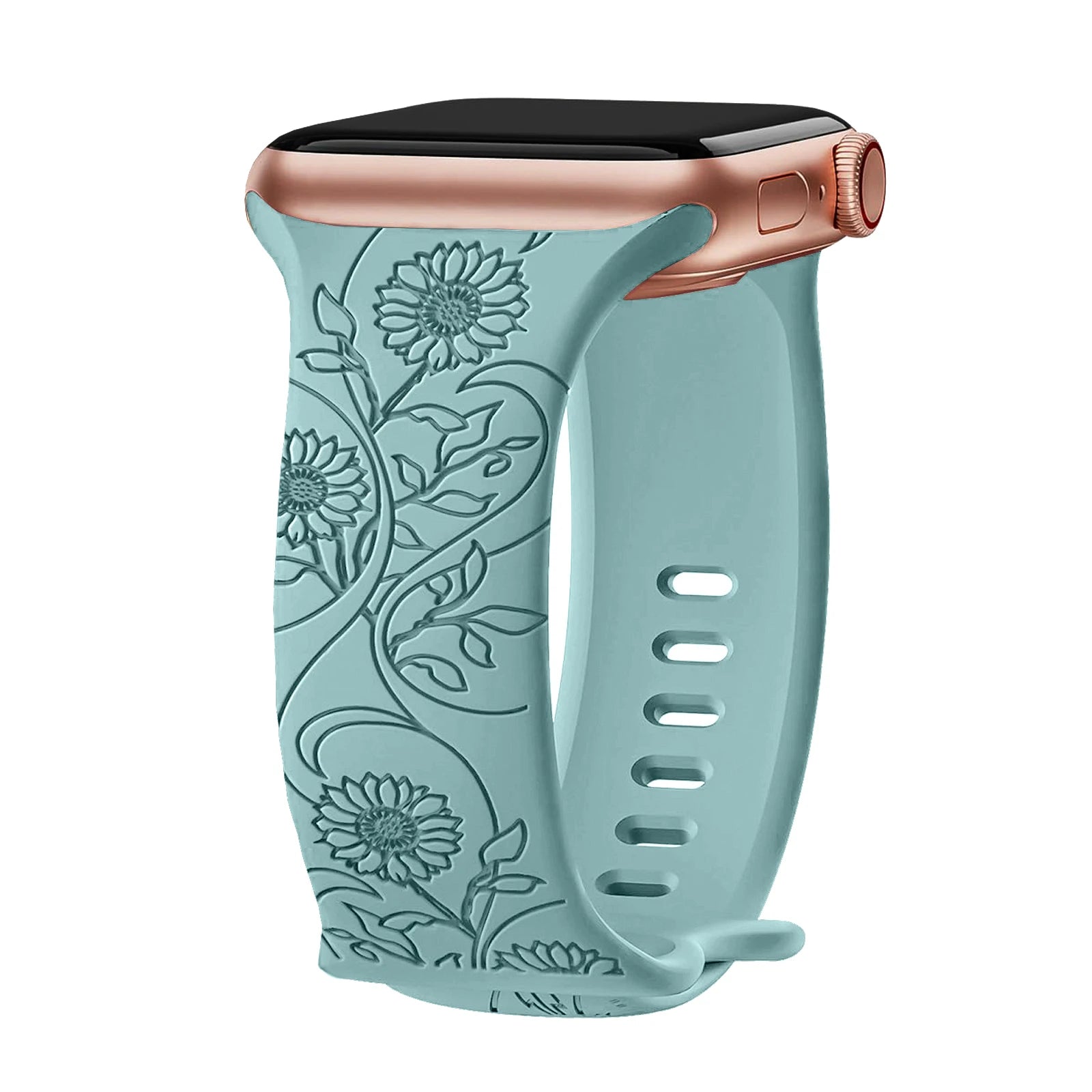 Apple Watch silicone strap in teal with floral engraving, soft, waterproof for style and comfort.