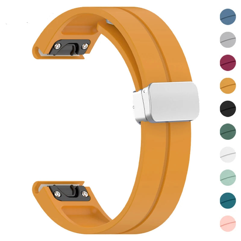 Garmin silicone strap in orange, durable replacement band for smartwatches, adjustable fit, available in multiple colors.