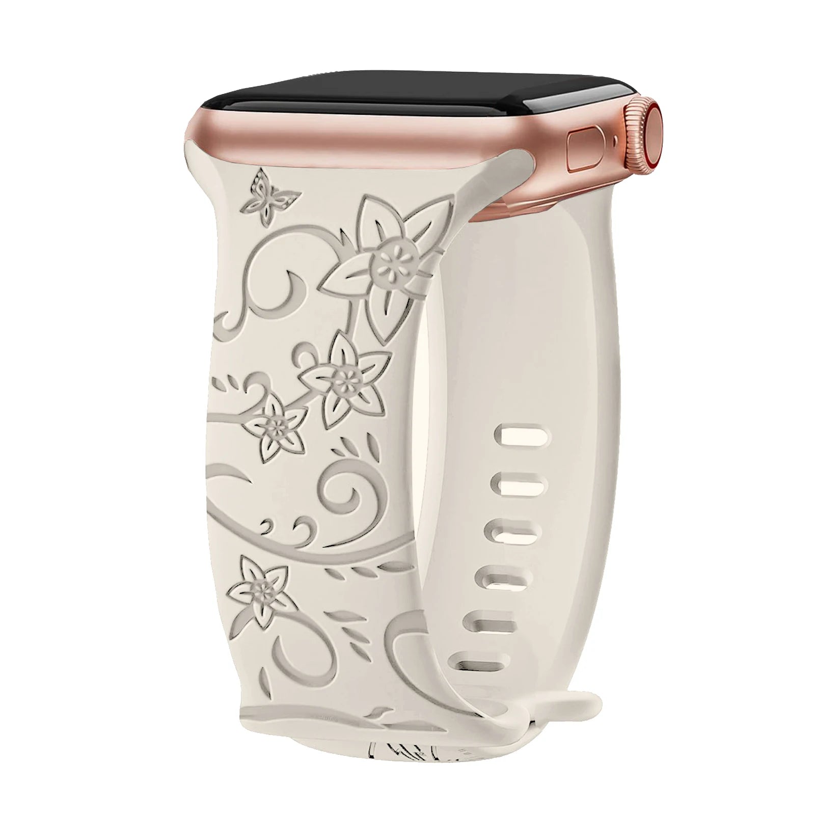 Apple Watch silicone strap in floral engraving, soft waterproof design for comfort and style.