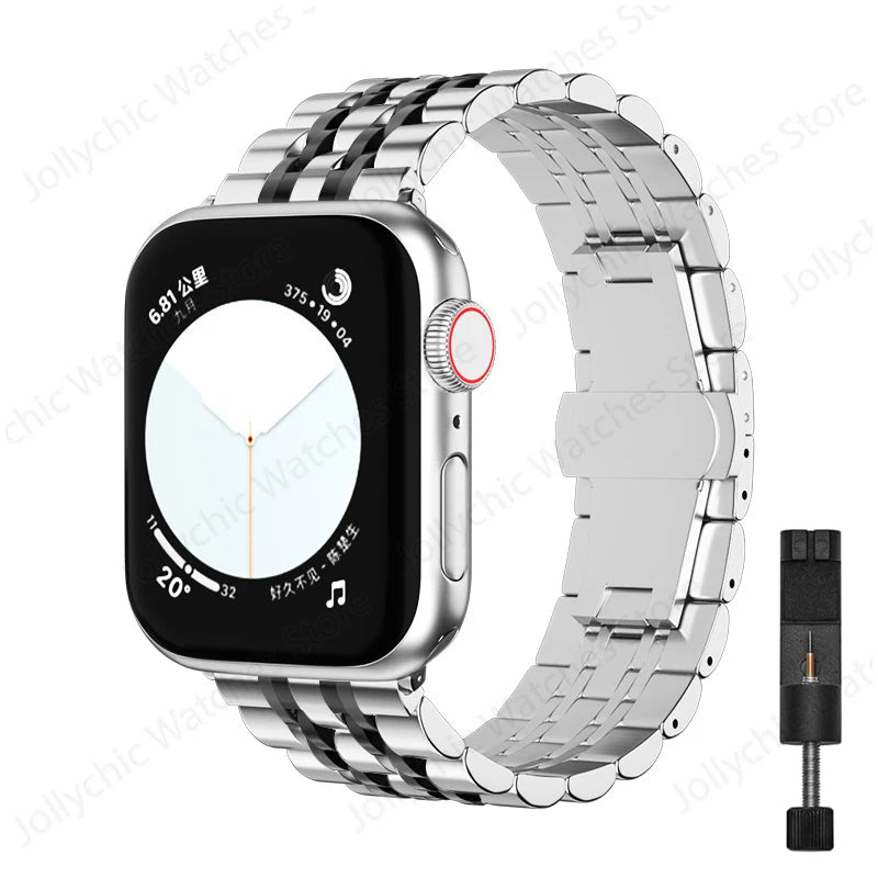 Multi-Row Stainless Steel Apple Watch Bracelet Band in Silver / Black - With Tool