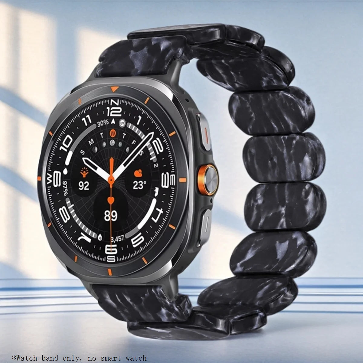 Samsung Galaxy Resin Link Watch Band – Metal Connector Watch8/Watch8 Classic/Watch9 in black flower design.