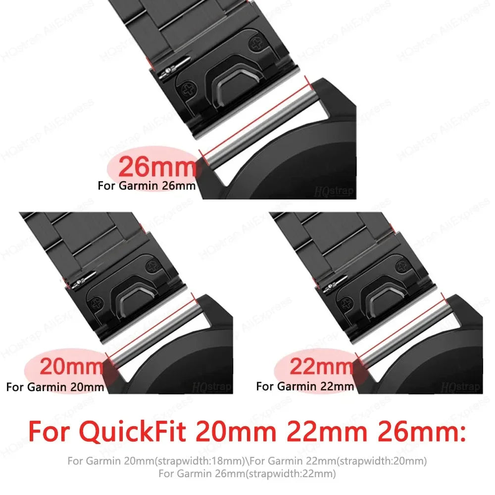 Garmin QuickFit Stainless Steel Link Bracelet 20mm, 22mm and 26mm connector width diagram