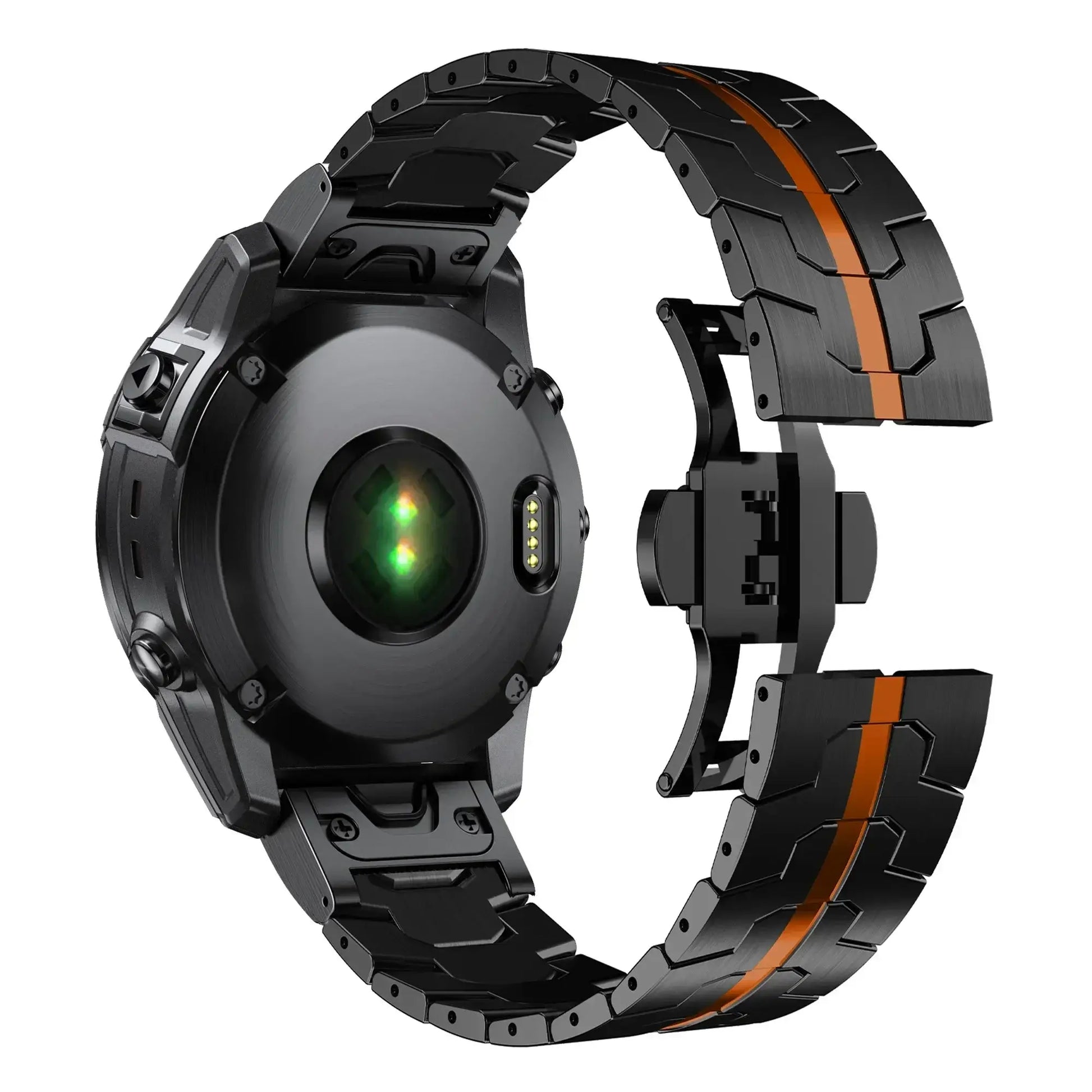 Stainless steel Garmin QuickFit band with sleek black and orange design, perfect for style and daily wear.