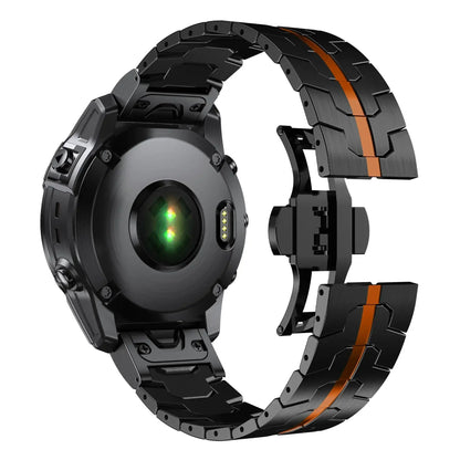 Stainless steel Garmin QuickFit band with sleek black and orange design, perfect for style and daily wear.