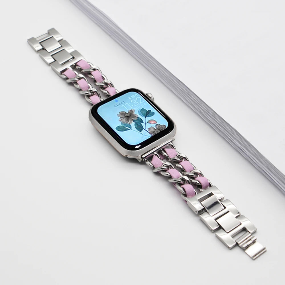 Woven-Accent Chain Apple Watch Bracelet Band in Silver / Pink