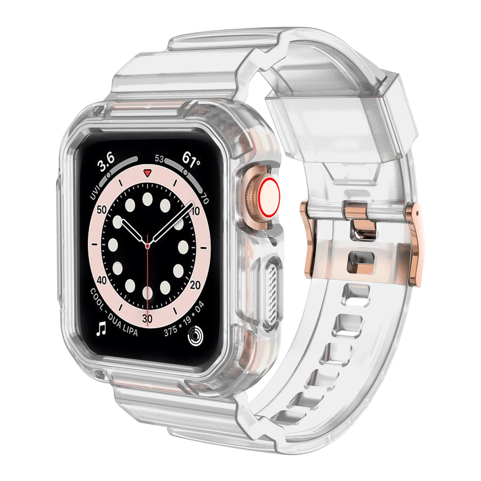 Apple Watch with clear TPU strap, rugged, waterproof, designed for durability and style during any activity.