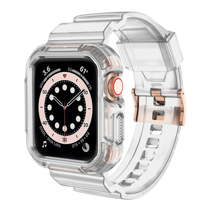 Apple Watch with clear TPU strap, rugged, waterproof, designed for durability and style during any activity.