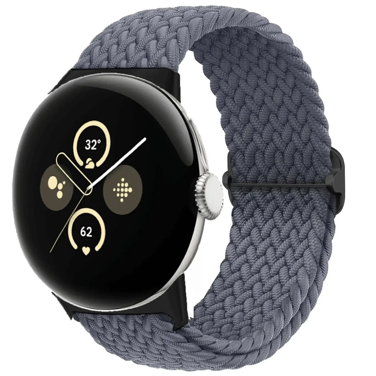 Gray braided nylon Google Pixel Watch loop with metal slider