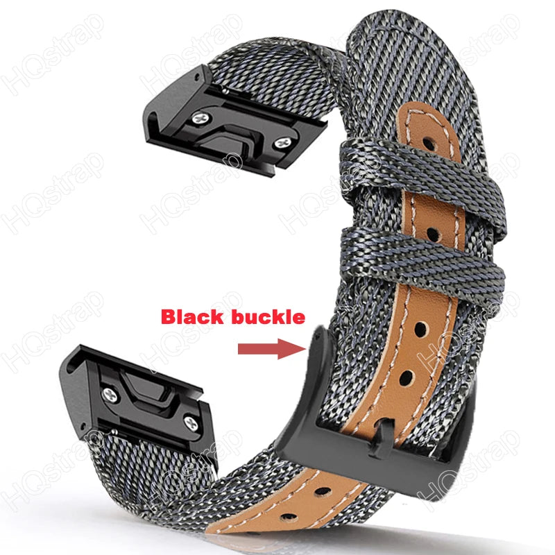 Garmin Sport Nylon Strap with black buckle, designed for comfort and durability, ideal replacement band for smartwatch.