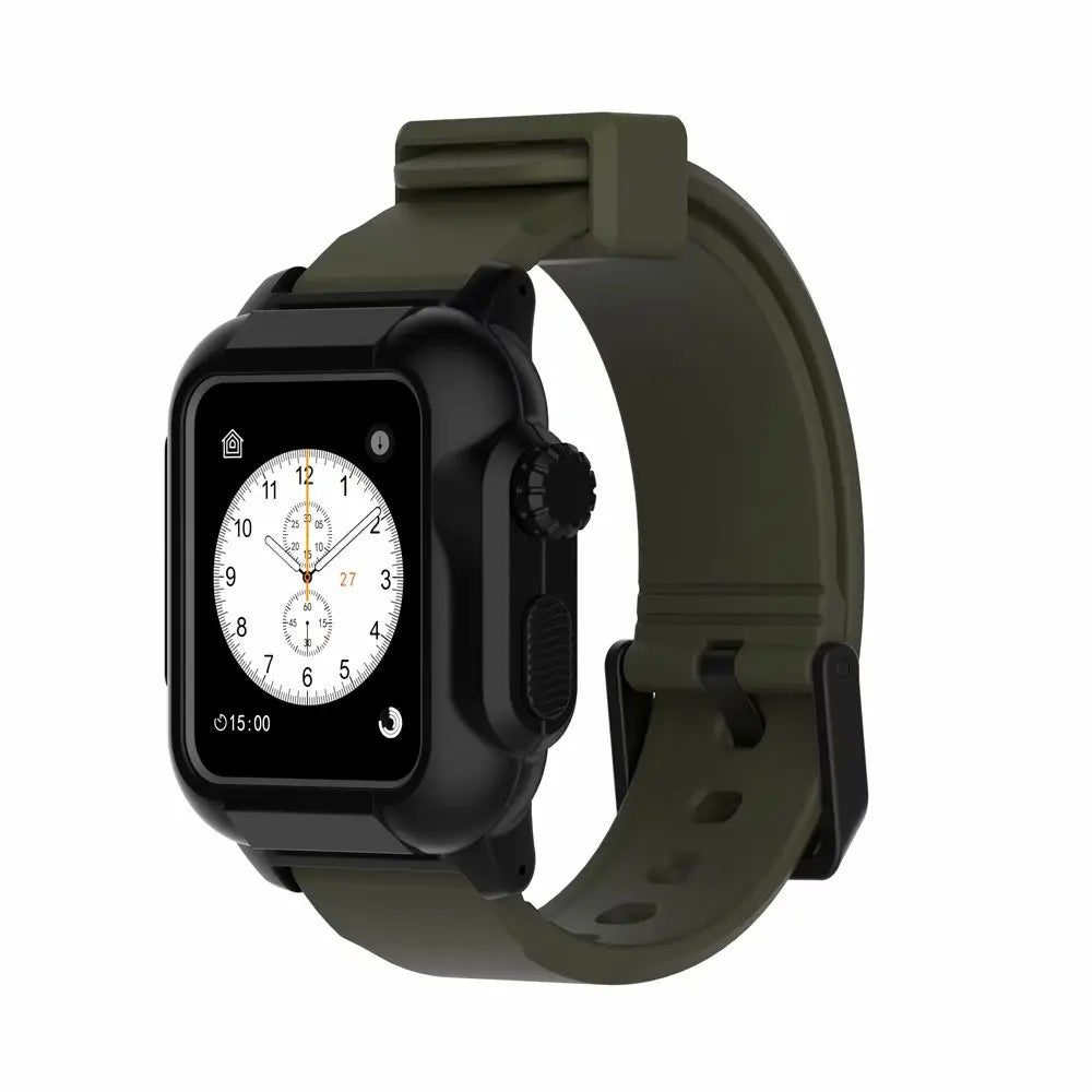 Apple Watch with black case and waterproof olive green silicone strap, showcasing a luminous design.