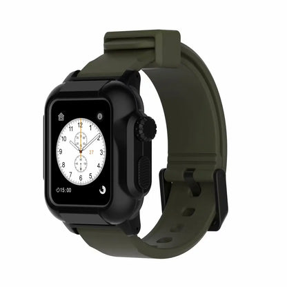 Apple Watch with black case and waterproof olive green silicone strap, showcasing a luminous design.