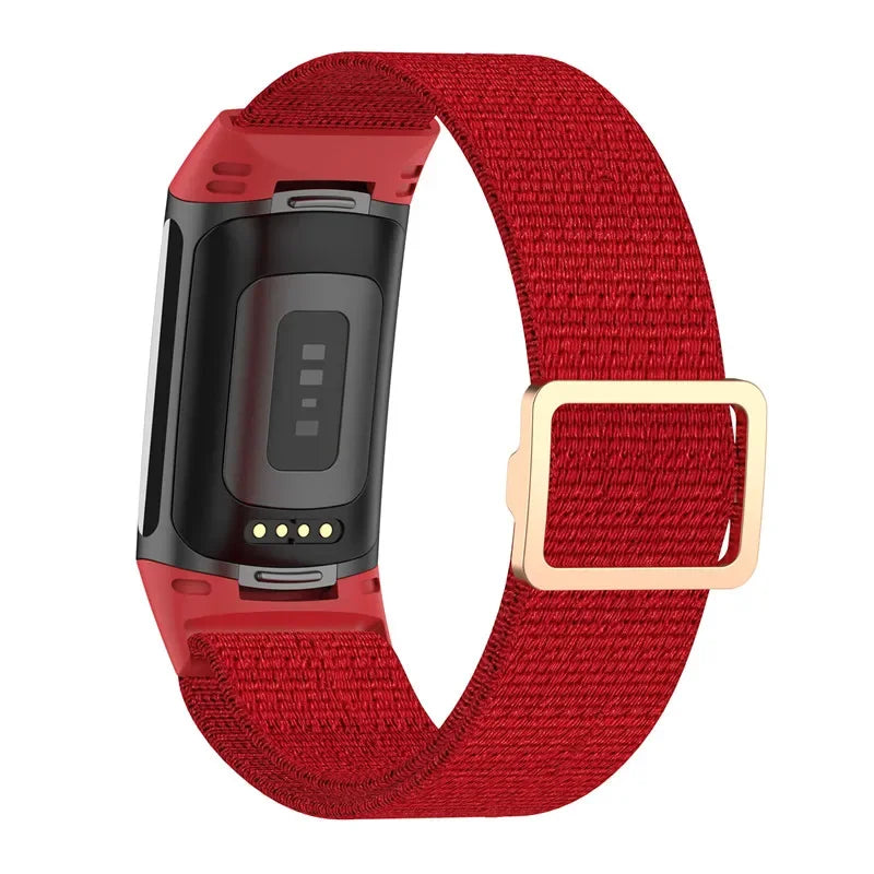 Fitbit Charge 5 6 Elastic Nylon Loop Band in red, soft strap for smartwatch comfort and style.