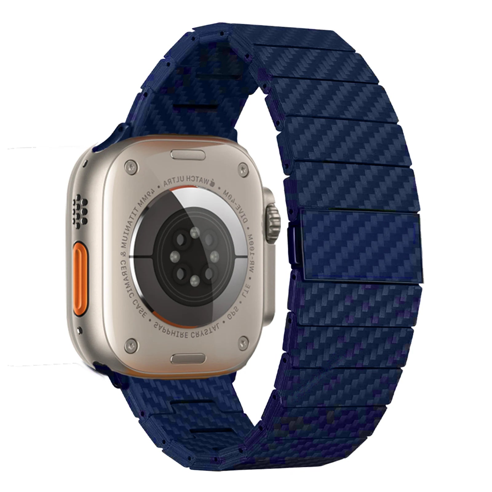 Apple Watch with a carbon fiber strap in blue, showcasing a sleek and modern design for durability and comfort.