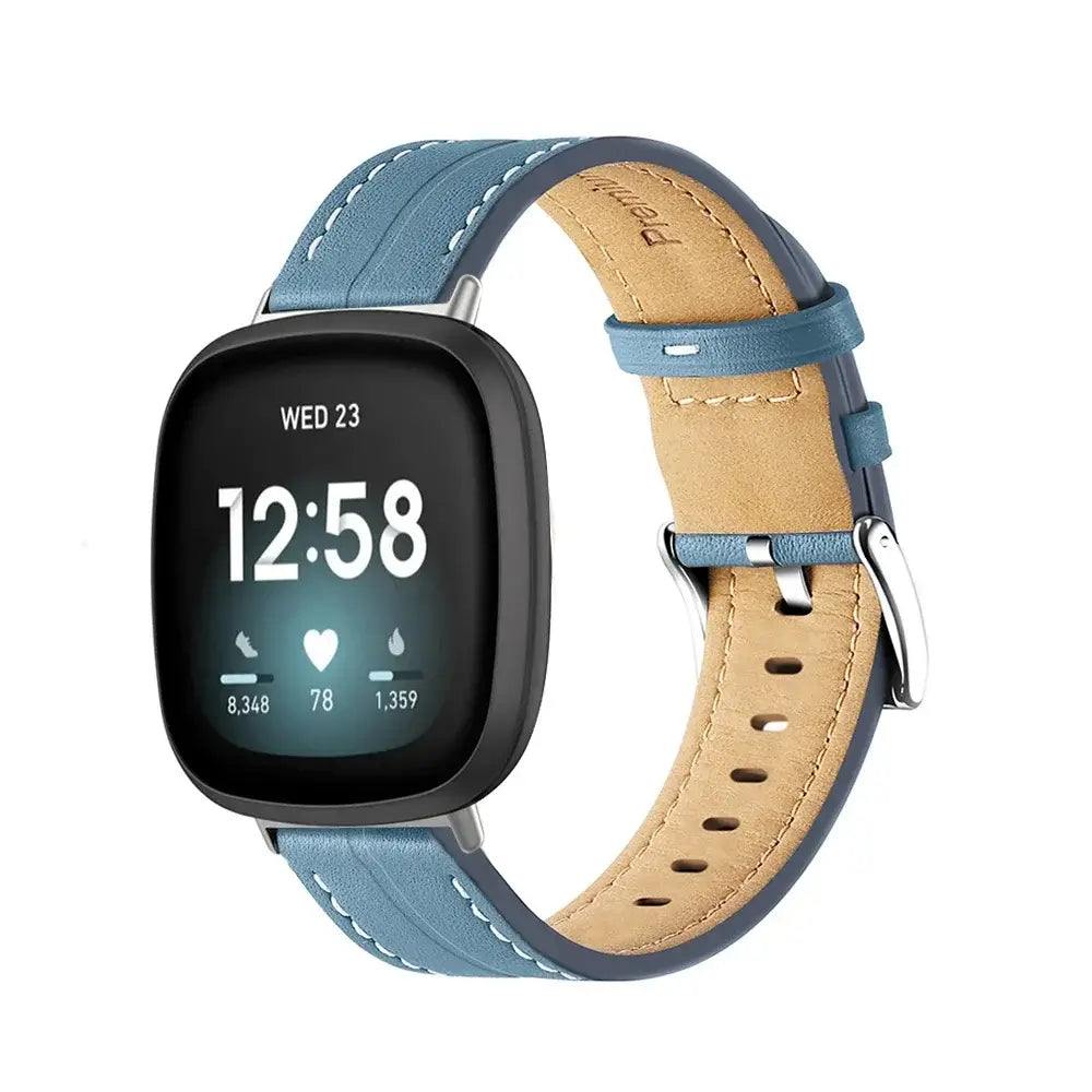 Fitbit Versa & Sense Contrast-Stitched Leather Band - Blue