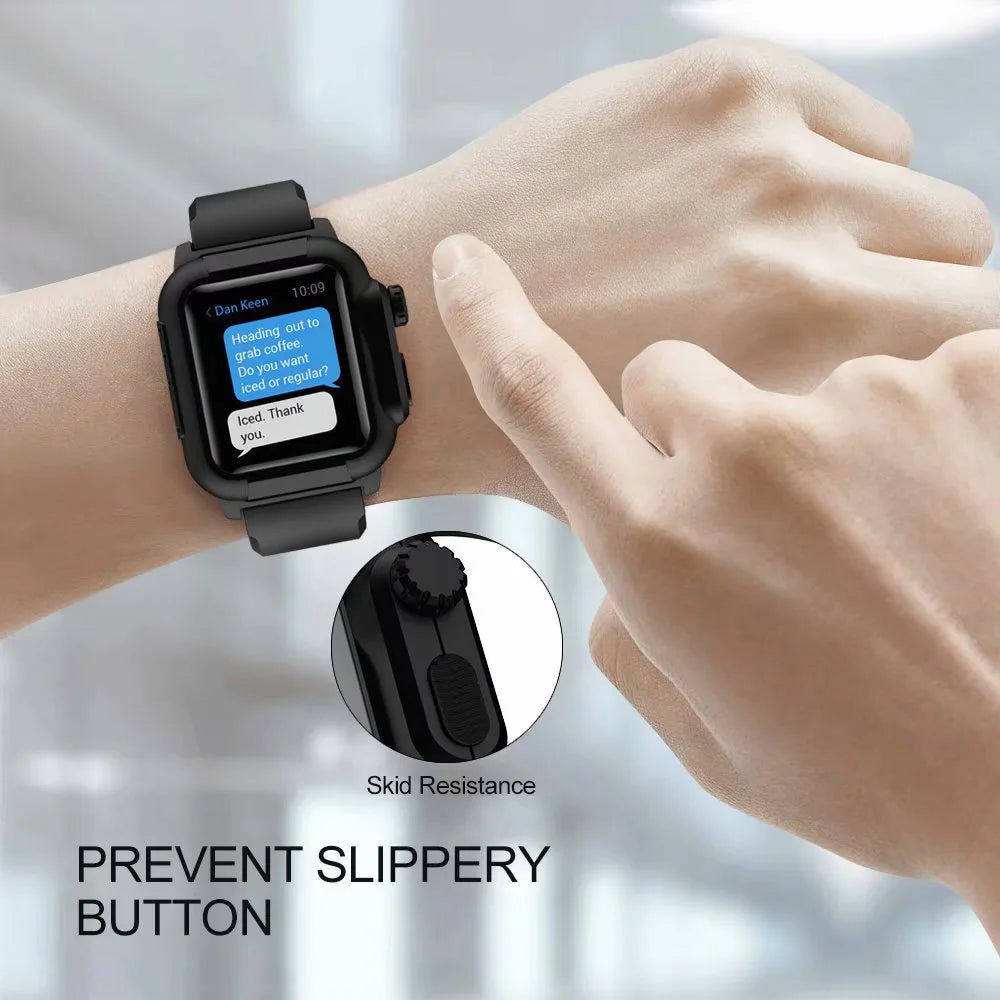 Black band and case worn on a wrist with side-button detail for Apple Watch