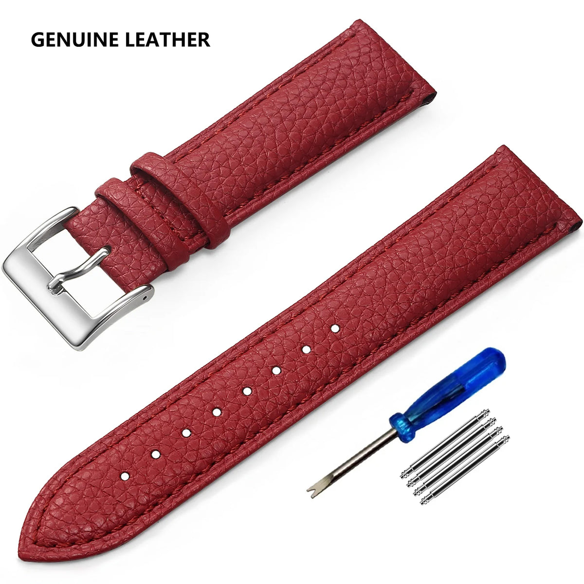 Grained Leather Band in Red with Silver Buckle