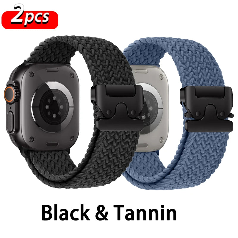 Apple Watch Parachute Strap set in Black and Tannin colors, featuring braided nylon for comfort and breathability.